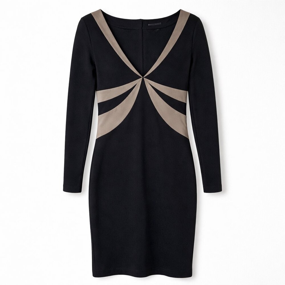 BCBGMAXAZRIA Elegant Black Bodycon Dress V-Neck Long Sleeve Size S